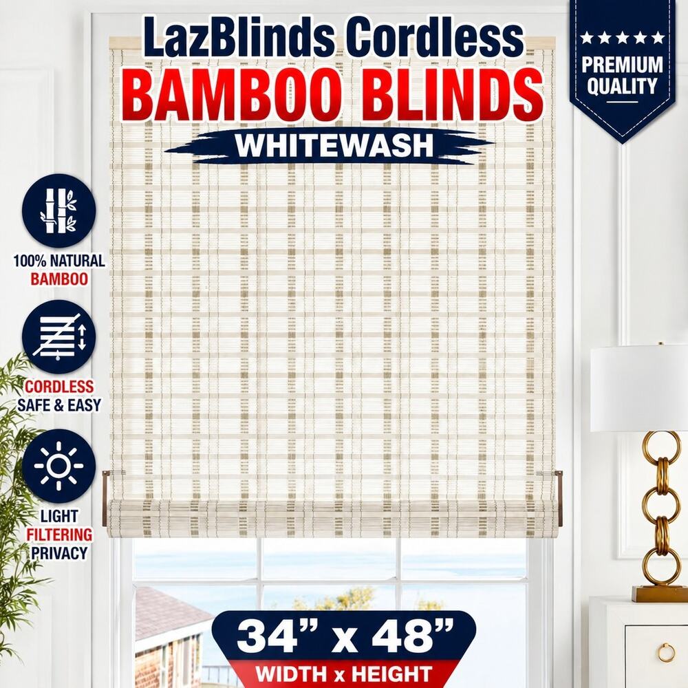 34" x 48" Bamboo Roman Shade 38"W x 48"L Whitewash By LazBlinds BAM-KKJL-190